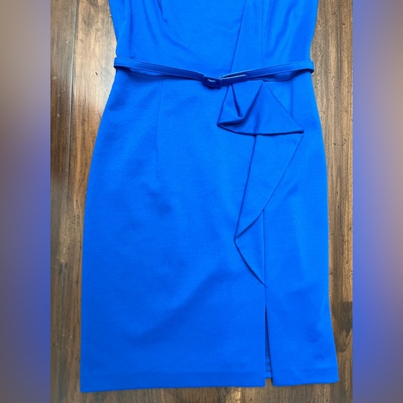 David Meister Sheath Dress Blue Size 6 Belted Ruffle Business Chic Sleek EUC - Picture 5 of 16